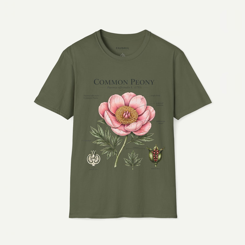 Peony Botanical T-Shirt — "Common Peony" Anatomy Floral Illustration