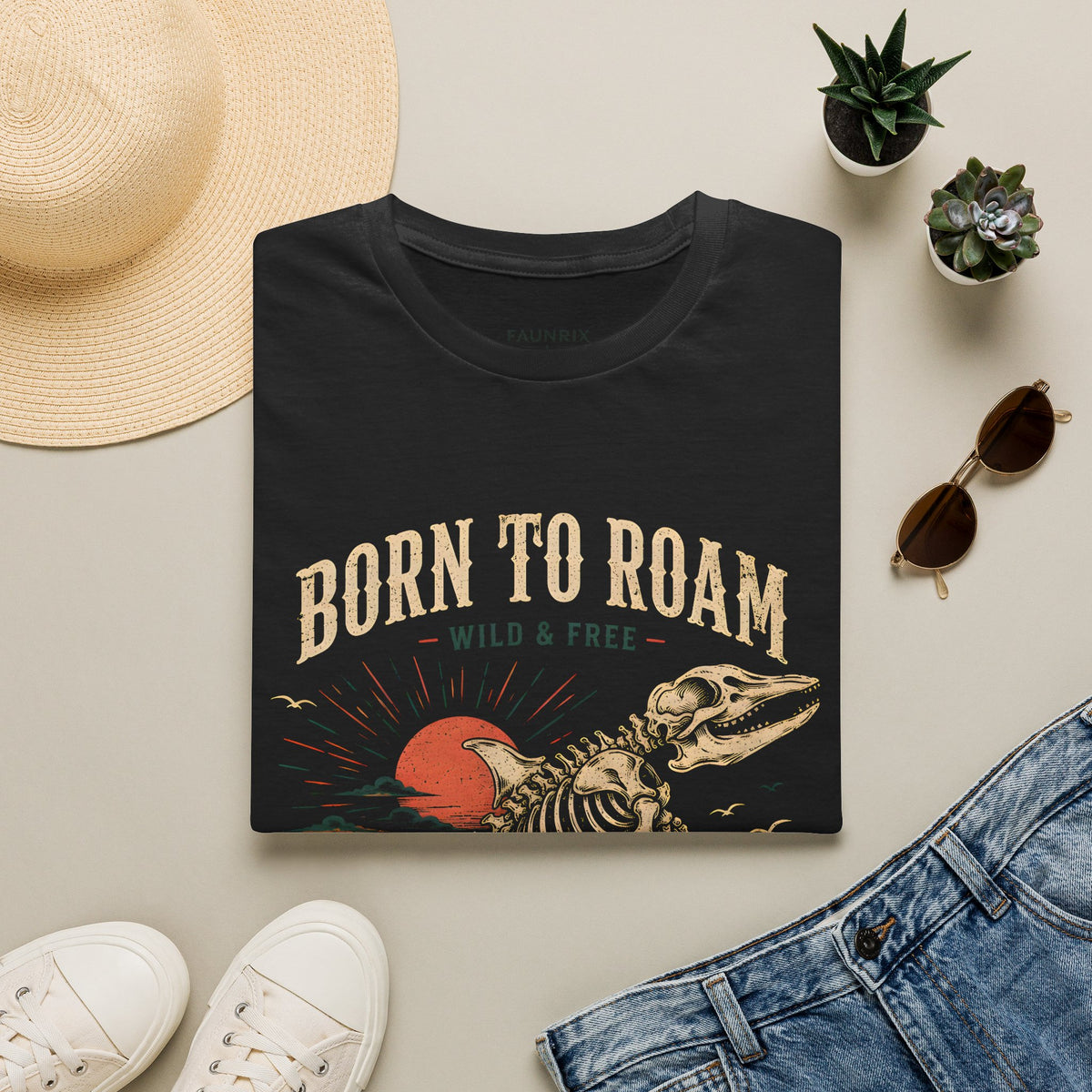 Born to Roam T-Shirt — Vintage Skeleton Dinosaur 'Wild & Free' Graphic Tee