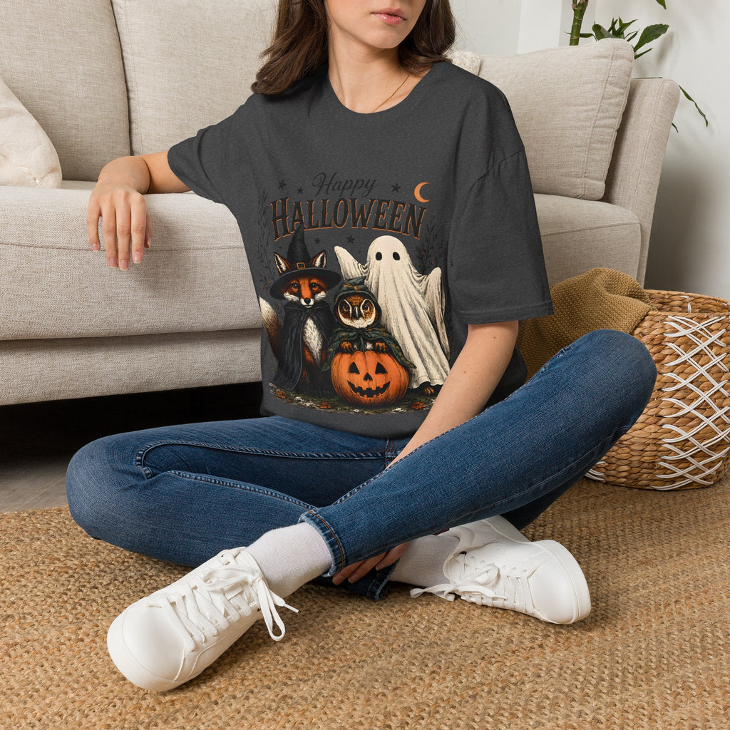 Happy Halloween T-Shirt — Cute Witch Cat & Ghost Pumpkin Graphic Tee
