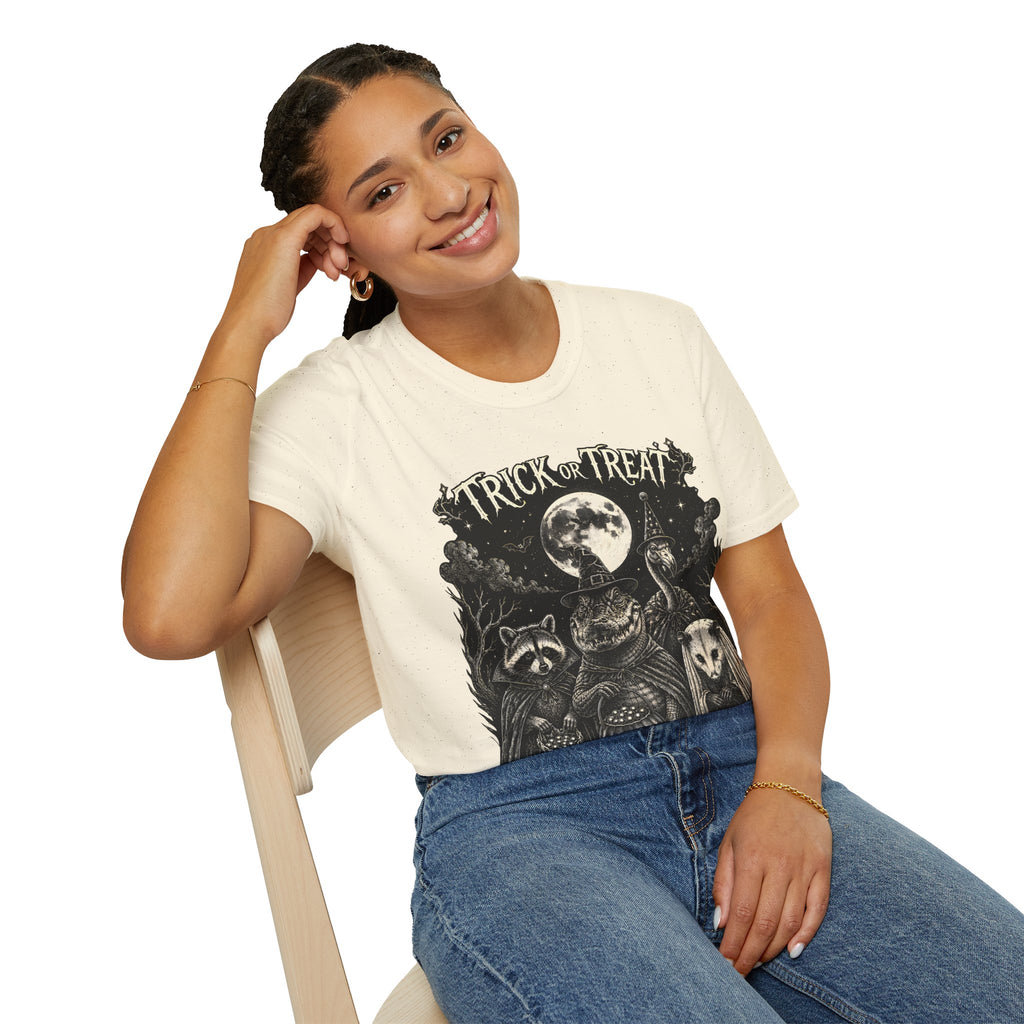 Trick or Treat Halloween T-Shirt — Vintage Moonlit Witch & Spooky Animals Tee