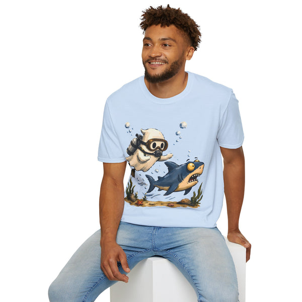 Dive Buddy T‑Shirt — Cute Scuba Pug Chasing Shark Illustration