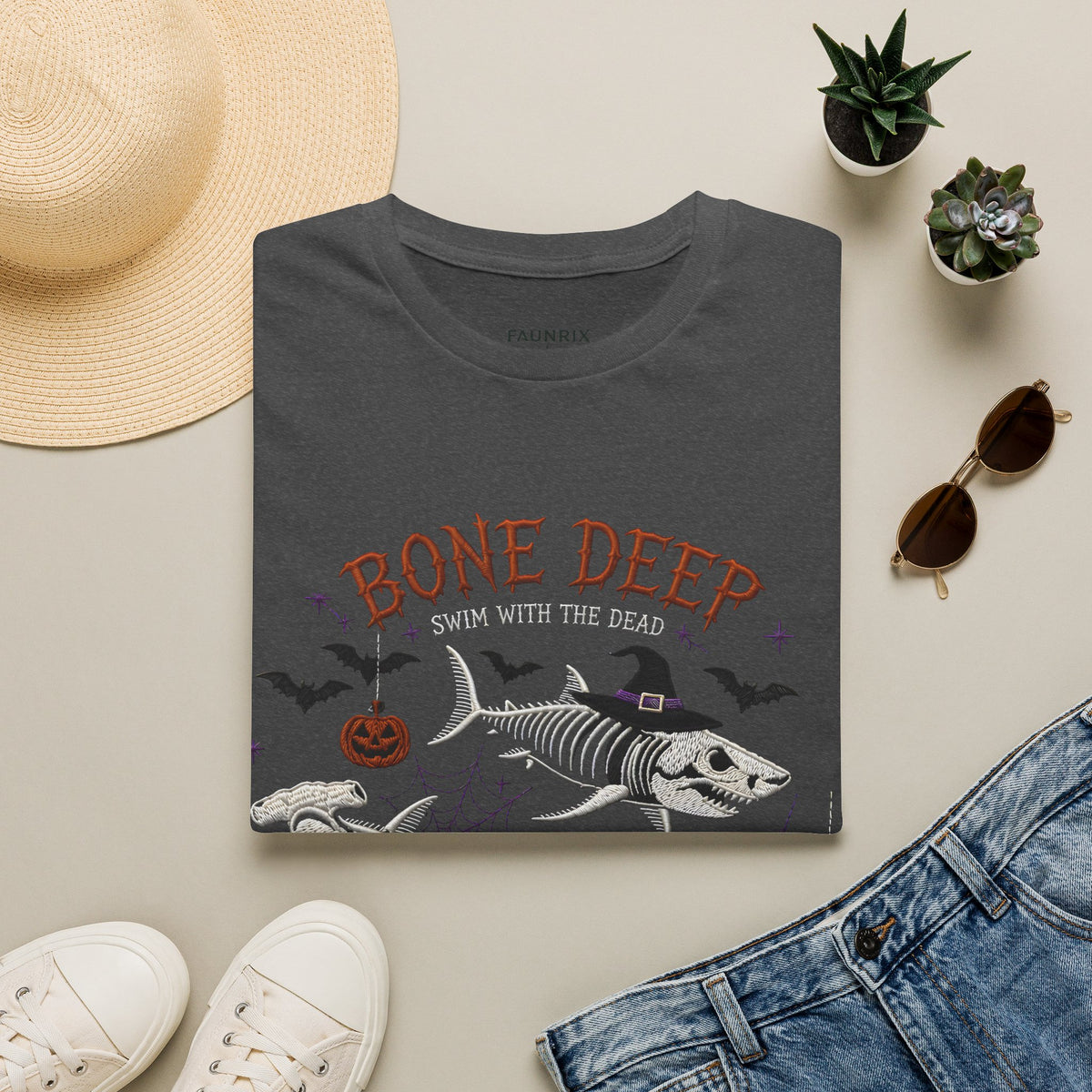 T-Shirt — "Bone Deep" Halloween Fish Skeleton Graphic Tee