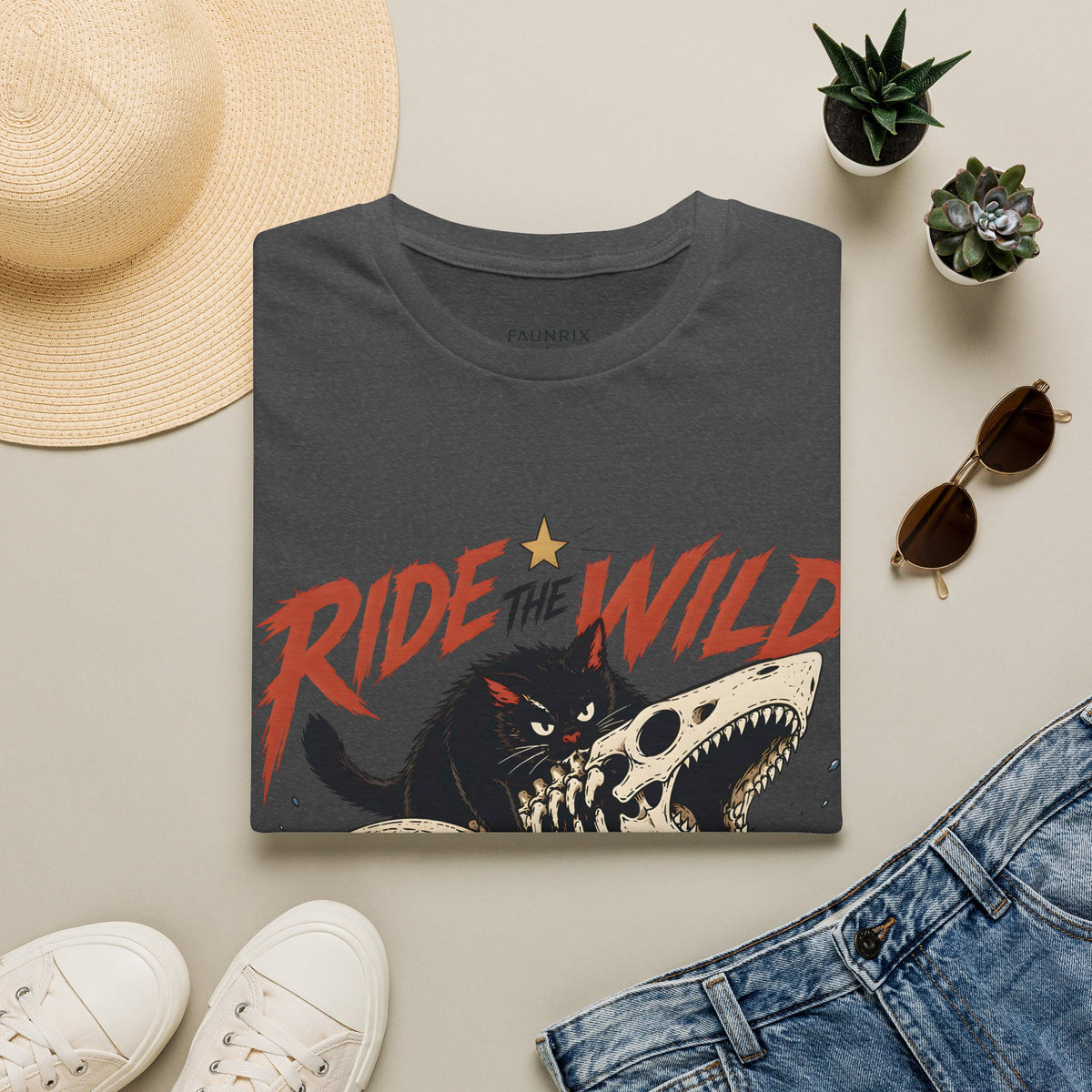Ride the Wild T-Shirt — Cat Riding Dinosaur Skull Graphic Tee