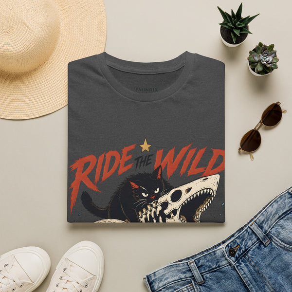 Ride the Wild T-Shirt — Cat Riding Dinosaur Skull Graphic Tee