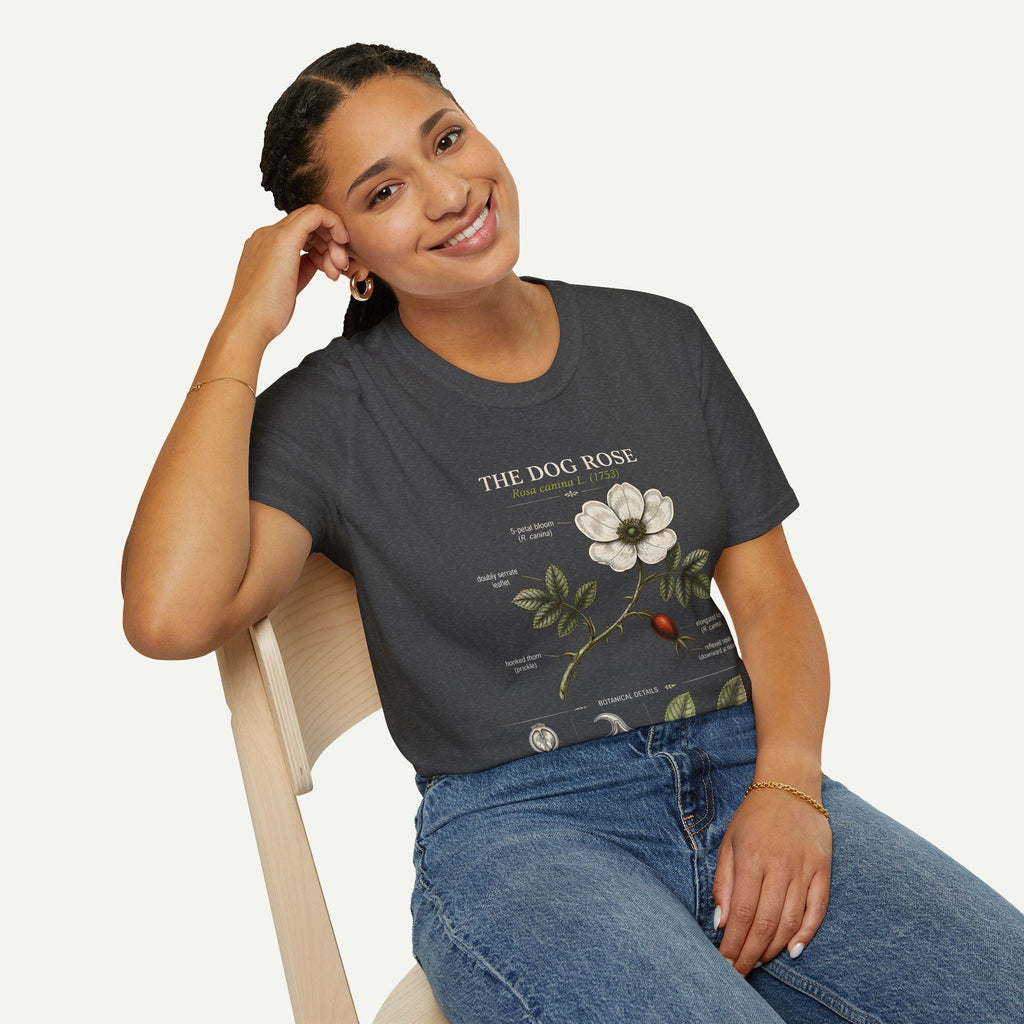 Dog Rose Floral T-Shirt — Botanical Illustration Tee with 'The Dog Rose' Label