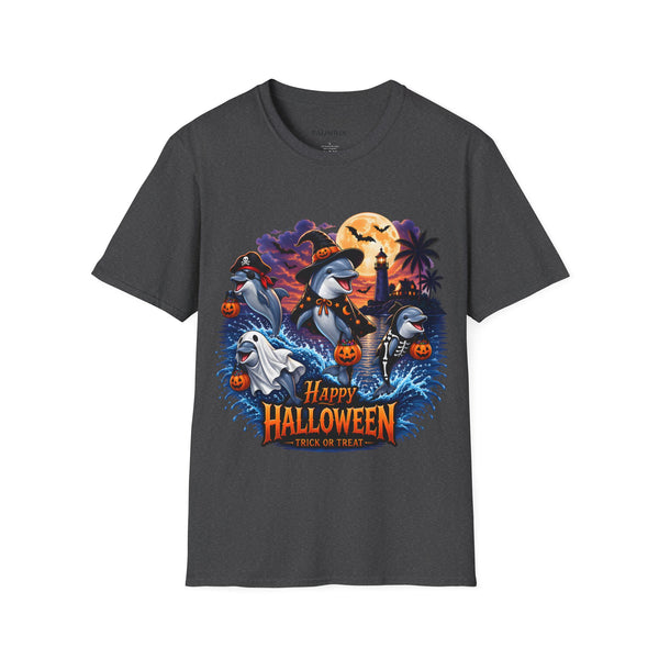 Halloween Dolphin T-Shirt — Cute Spooky Beach Scene with 'Happy Halloween'