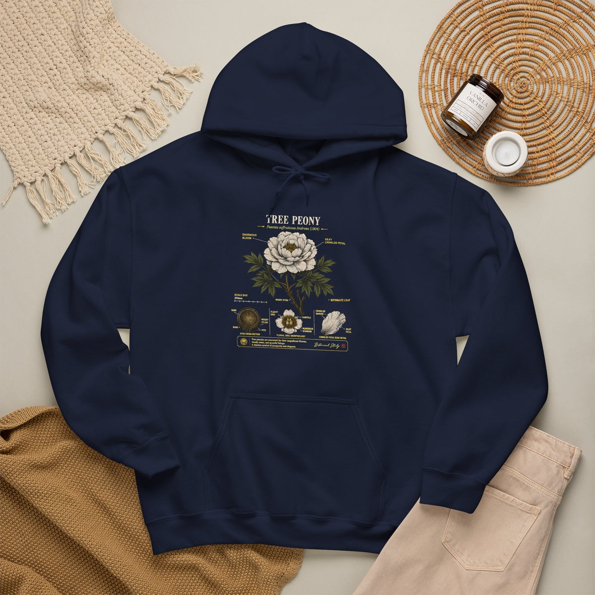 Floral Anatomy Hoodie — 'Tree Peony' Botanical Diagram Pullover