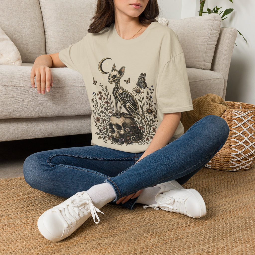 Skeleton Cat Moon T-Shirt — Gothic Floral Skull Tee