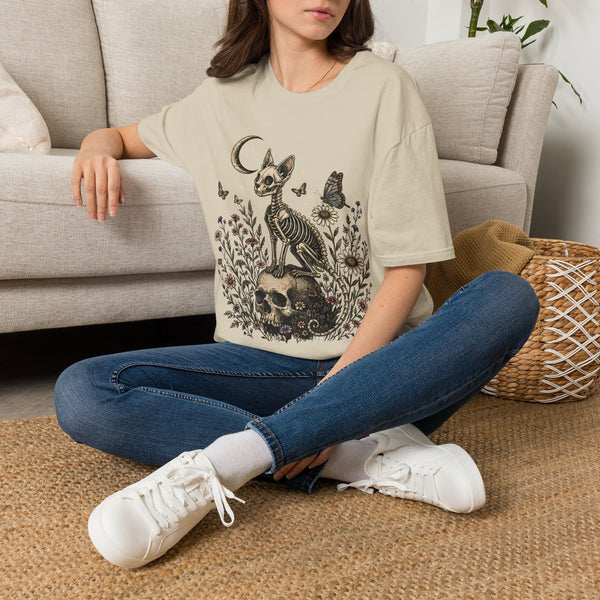 Skeleton Cat Moon T-Shirt — Gothic Floral Skull Tee