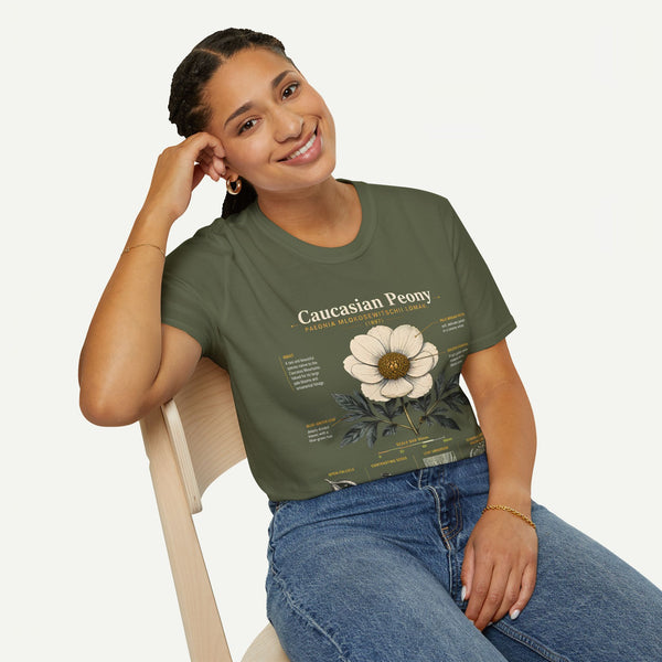Caucasian Peony Botanical Anatomy T-Shirt — Vintage Floral Illustration Tee