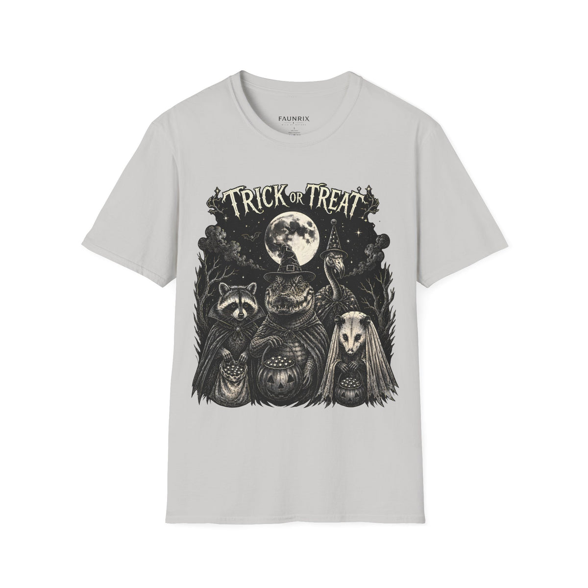 Trick or Treat Halloween T-Shirt — Vintage Moonlit Witch & Spooky Animals Tee