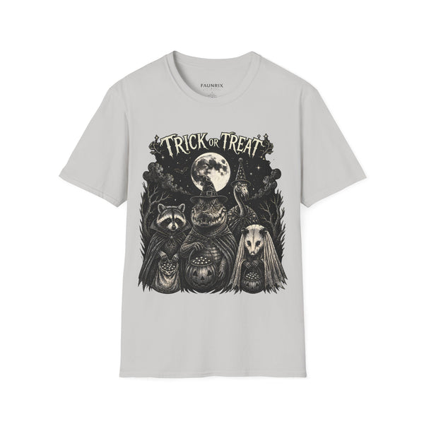 Trick or Treat Halloween T-Shirt — Vintage Moonlit Witch & Spooky Animals Tee