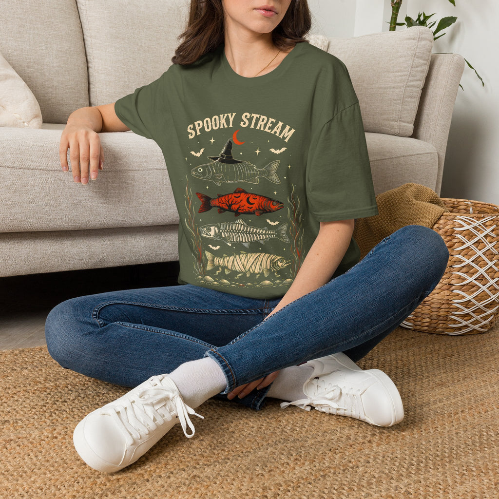 Spooky Stream T-Shirt — Halloween Fish Skeleton Graphic Tee