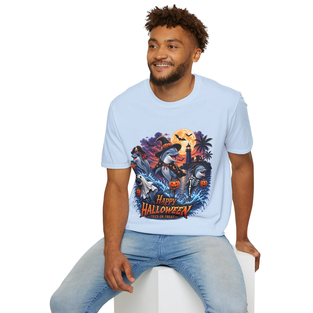 Halloween Dolphin T-Shirt — Cute Spooky Beach Scene with 'Happy Halloween'