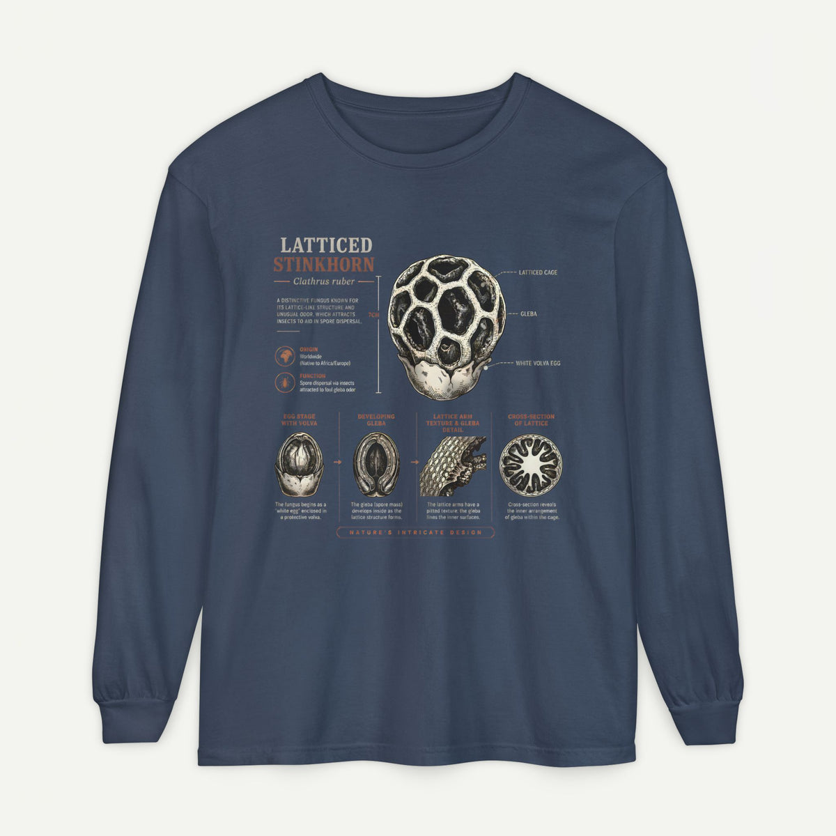 Latticed Stinkhorn Mushroom Diagram Long Sleeve Tee