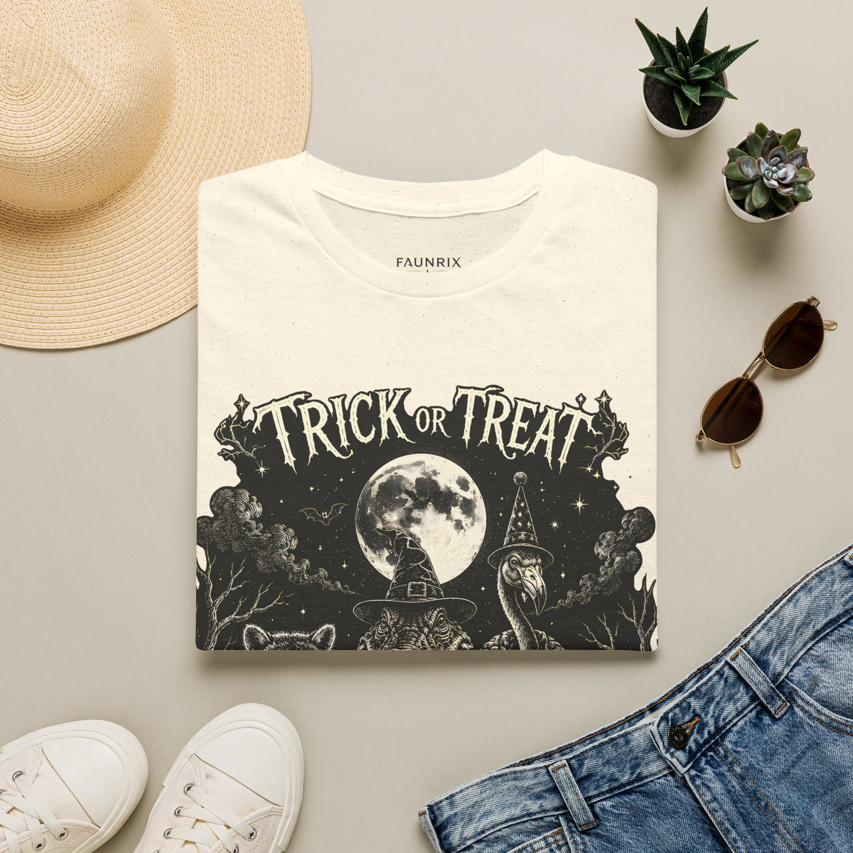 Trick or Treat Halloween T-Shirt — Vintage Moonlit Witch & Spooky Animals Tee