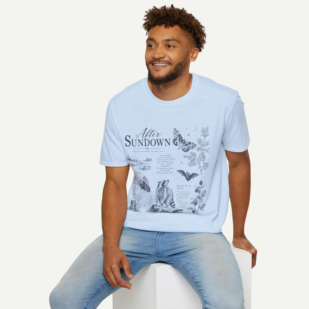 After Sundown T-Shirt — Vintage Nightscape Tee with Butterfly & Nature Illustrations