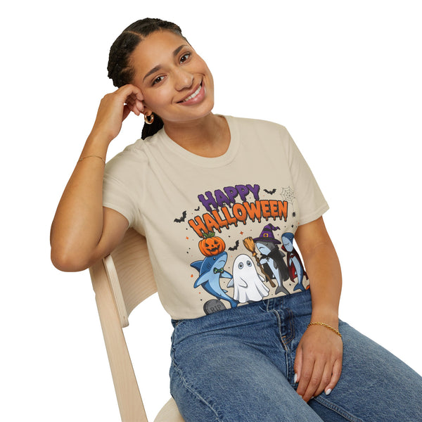 Happy Halloween T-Shirt — Cute Shark, Ghost & Pumpkin Holiday Tee