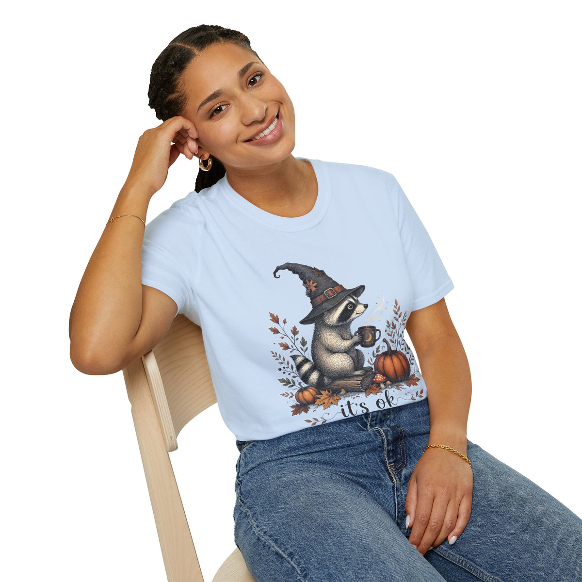 T-Shirt — Cute Raccoon Witch Illustration "It's OK to Be Weird" | Halloween Cozy Fall Graphic Tee