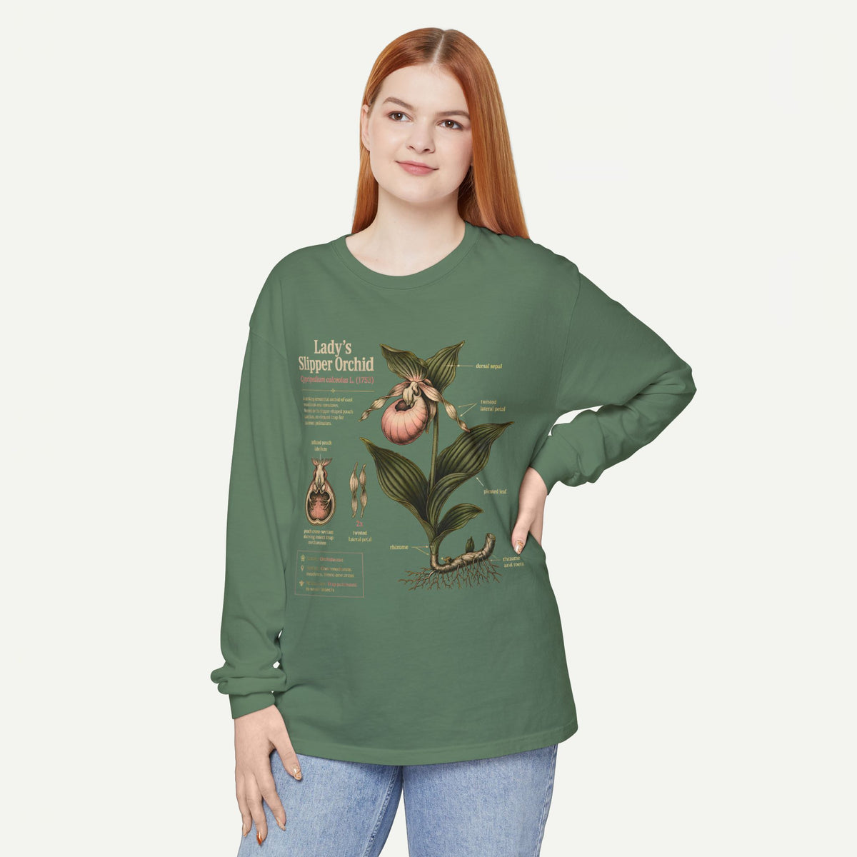 Lady's Slipper Botanical Long Sleeve Tee — Vintage Orchid Illustration