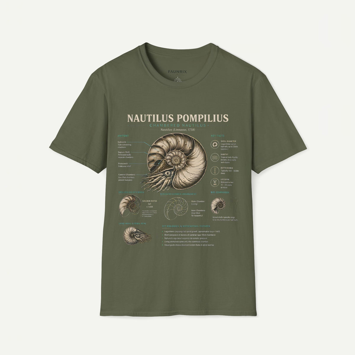 Nautilus Pompilus Shell Anatomy T-Shirt — Vintage Scientific Illustration Tee Main image