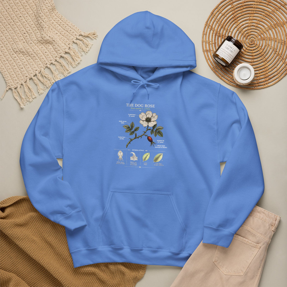 Floral Botanical Hoodie – White Dogwood Illustration with Text