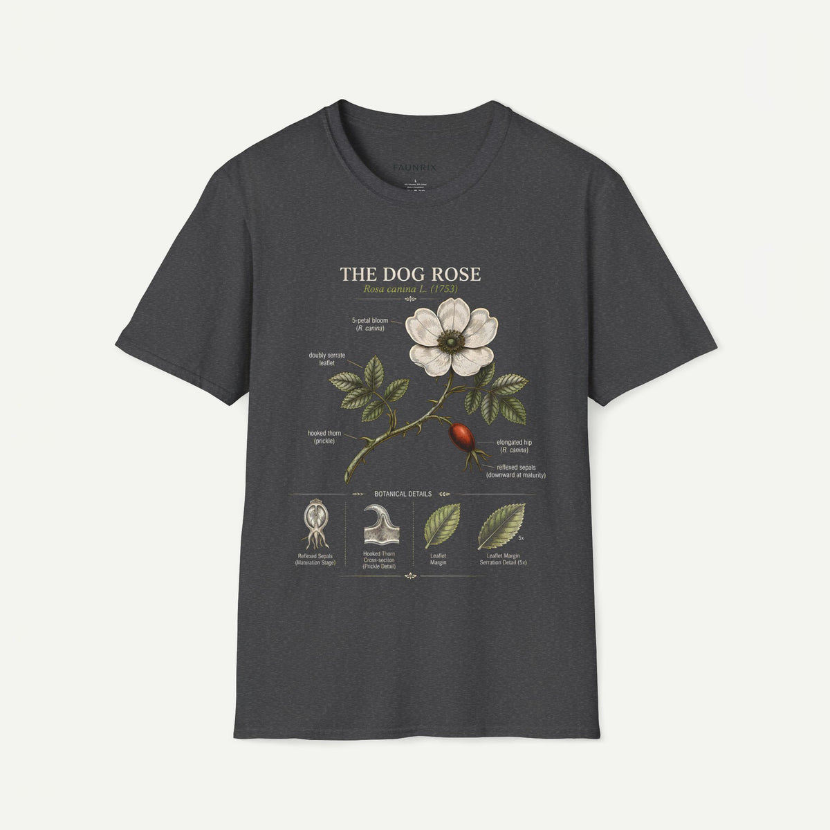 Dog Rose Floral T-Shirt — Botanical Illustration Tee with 'The Dog Rose' Label