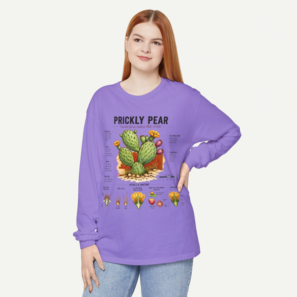 Prickly Pear Botanical Long Sleeve T-Shirt — Cactus Illustration & Plant Facts