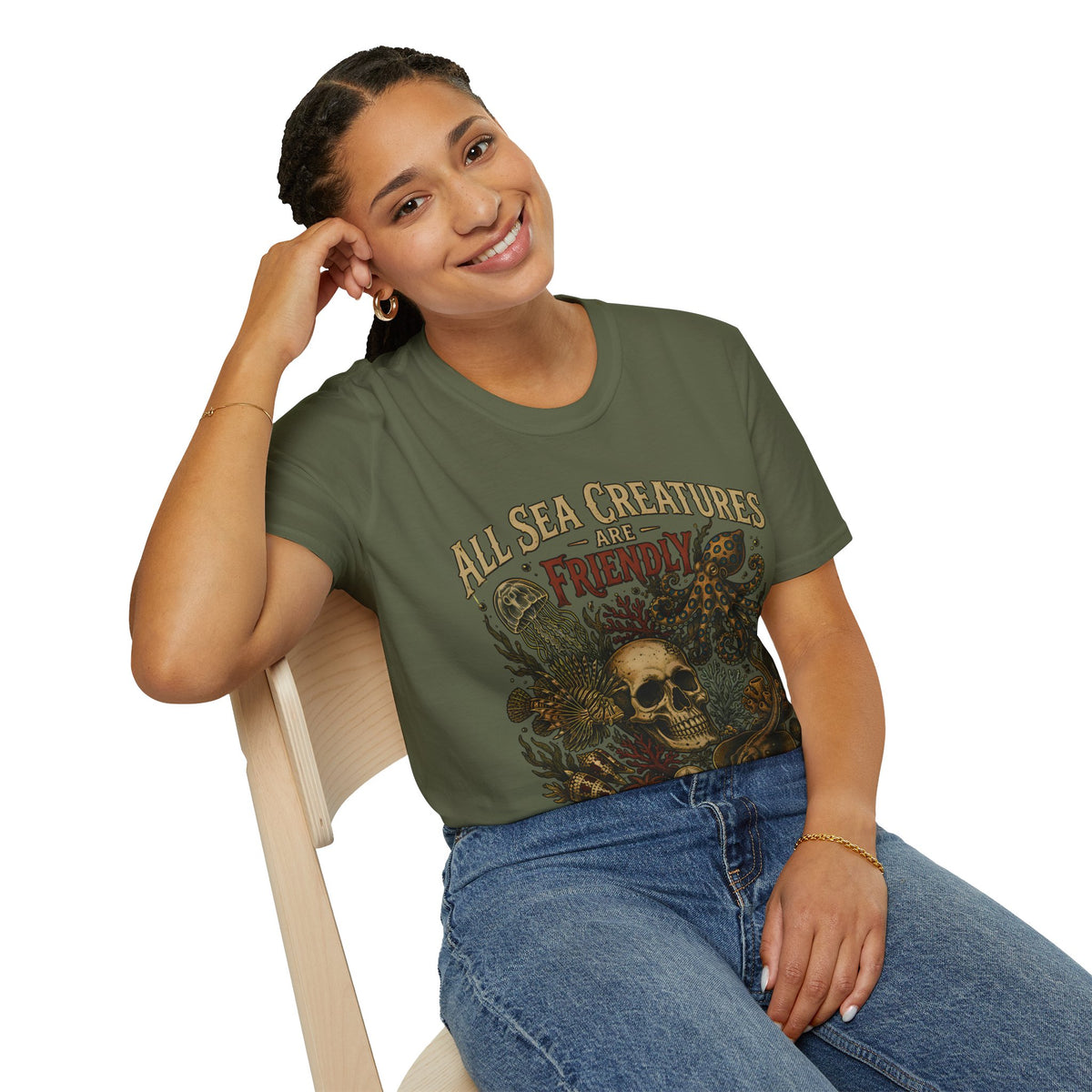 Ocean Creature Graphic T-Shirt — "All Sea Creatures Are Friendly (Some Only Once)" Vintage Skull Octopus Tee