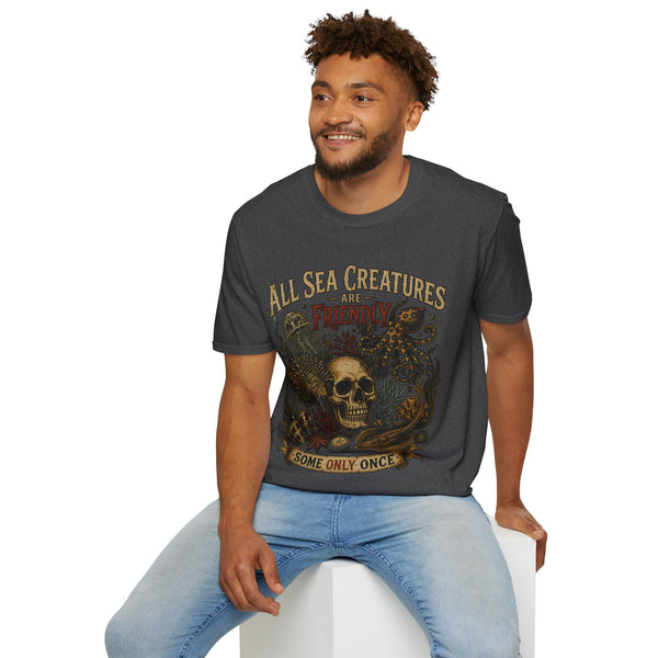Ocean Creature Graphic T-Shirt — "All Sea Creatures Are Friendly (Some Only Once)" Vintage Skull Octopus Tee
