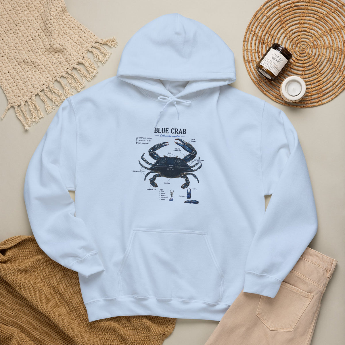 Blue Crab Anatomy Hoodie — Nautical Marine Biology Graphic Sweatshirt