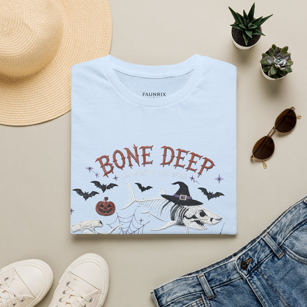 T-Shirt — "Bone Deep" Halloween Fish Skeleton Graphic Tee