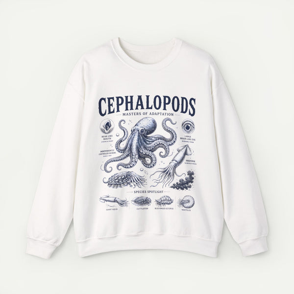 Cephalopods Crewneck Sweatshirt — Vintage Marine Biology Octopus Illustration
