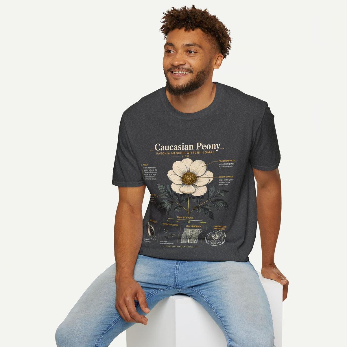 Caucasian Peony Botanical Anatomy T-Shirt — Vintage Floral Illustration Tee