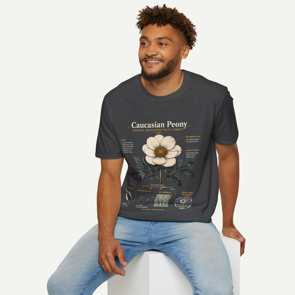 Caucasian Peony Botanical Anatomy T-Shirt — Vintage Floral Illustration Tee