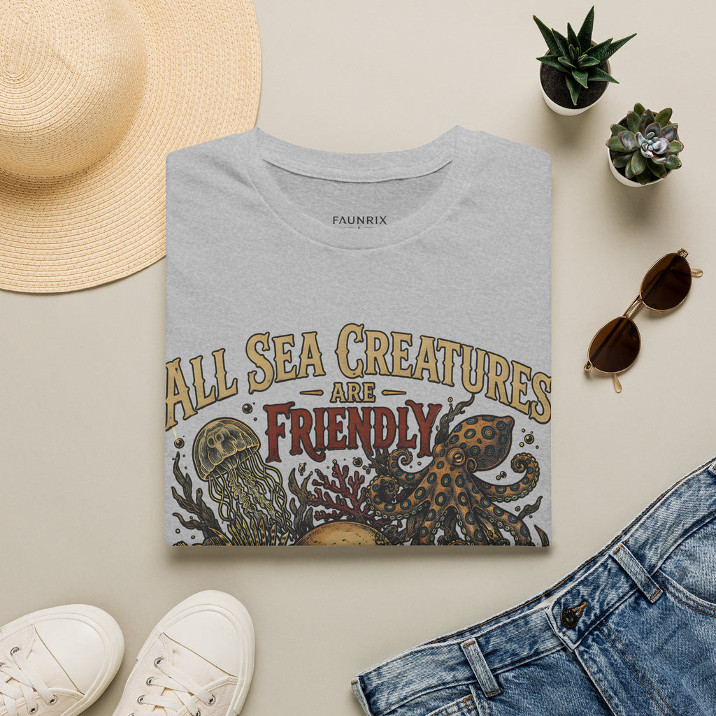 Ocean Creature Graphic T-Shirt — "All Sea Creatures Are Friendly (Some Only Once)" Vintage Skull Octopus Tee
