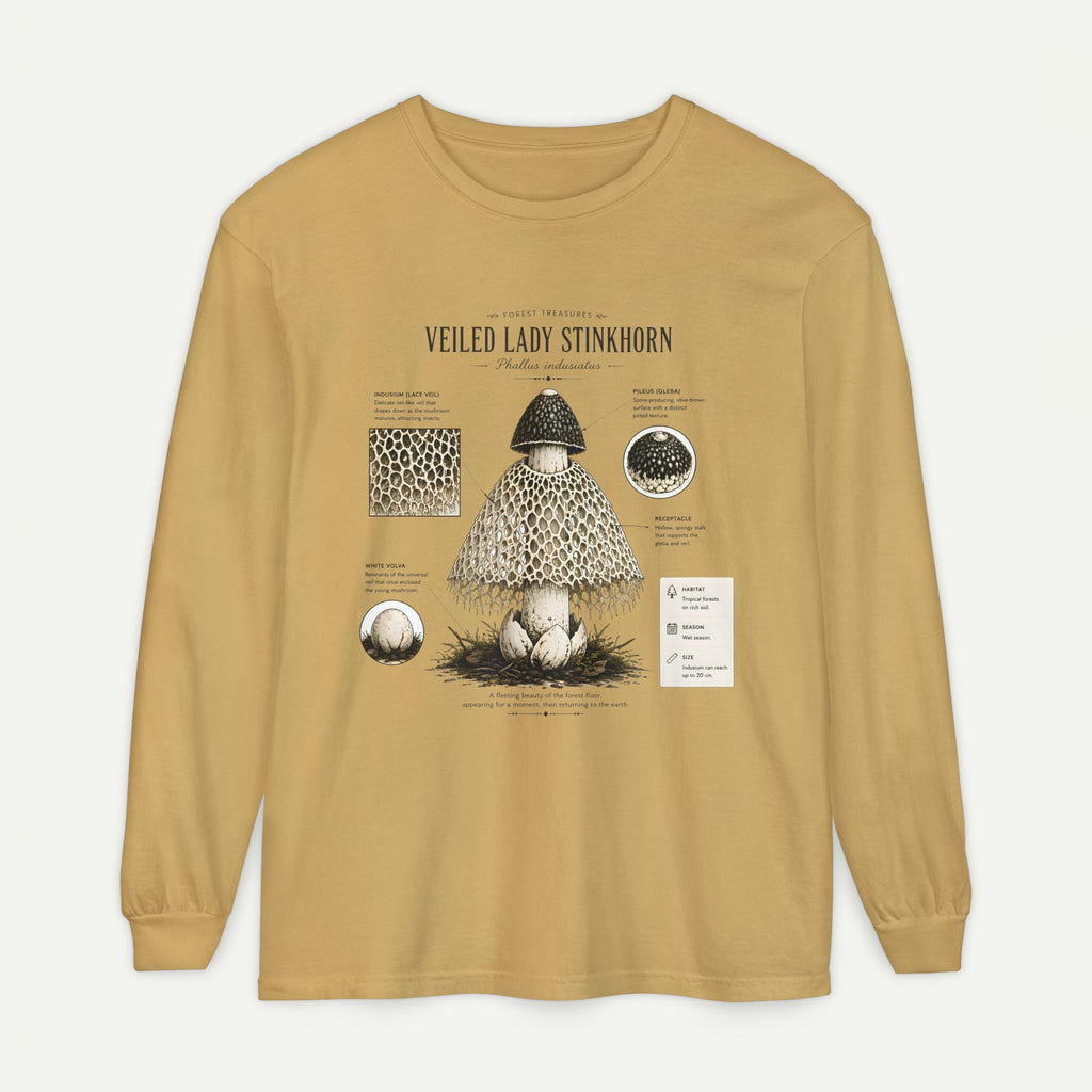 Veiled Lady Stinkhorn Mushroom Long Sleeve Tee — Botanical Fungi Illustration