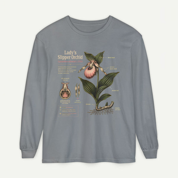 Lady's Slipper Botanical Long Sleeve Tee — Vintage Orchid Illustration