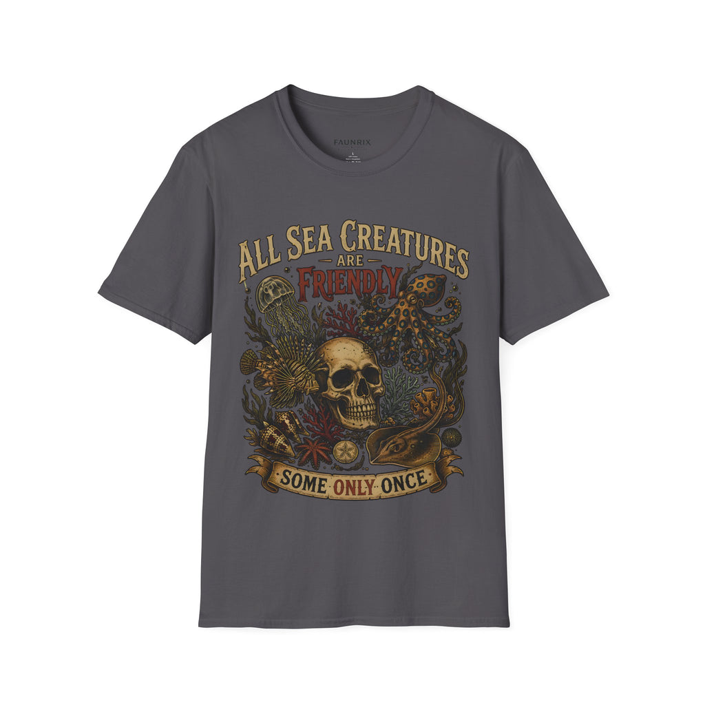 Ocean Creature Graphic T-Shirt — "All Sea Creatures Are Friendly (Some Only Once)" Vintage Skull Octopus Tee