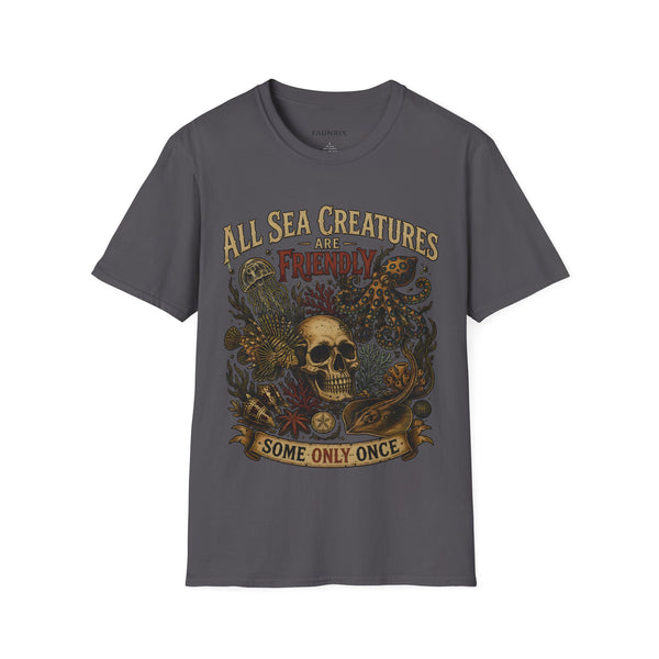 Ocean Creature Graphic T-Shirt — "All Sea Creatures Are Friendly (Some Only Once)" Vintage Skull Octopus Tee