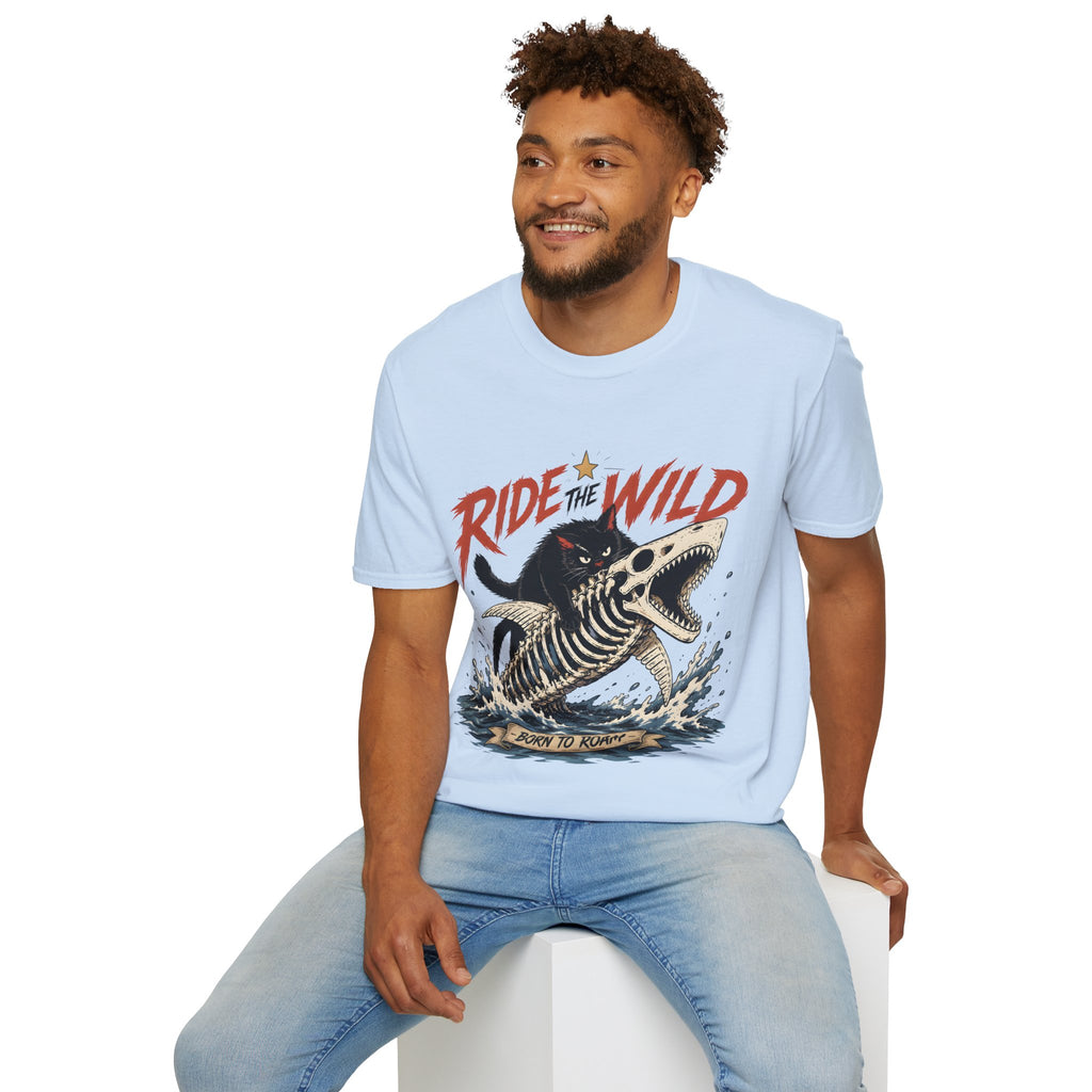 Ride the Wild T-Shirt — Cat Riding Dinosaur Skull Graphic Tee