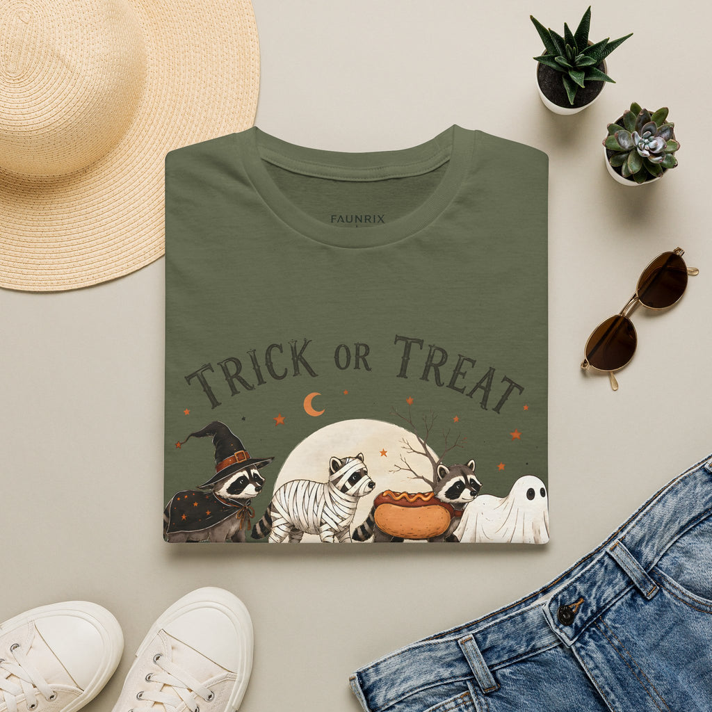 Trick or Treat Halloween T-Shirt — Cute Costume Raccoon, Mummy & Ghost Graphic
