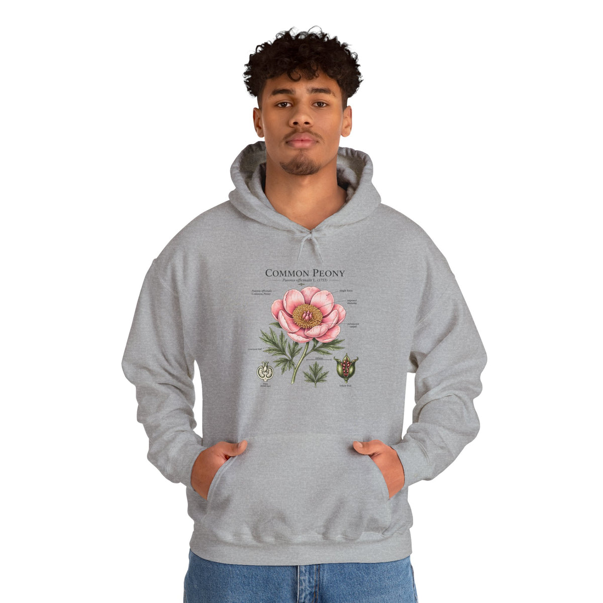 Peony Botanical Hoodie — "Common Peony" Vintage Floral Diagram Sweatshirt