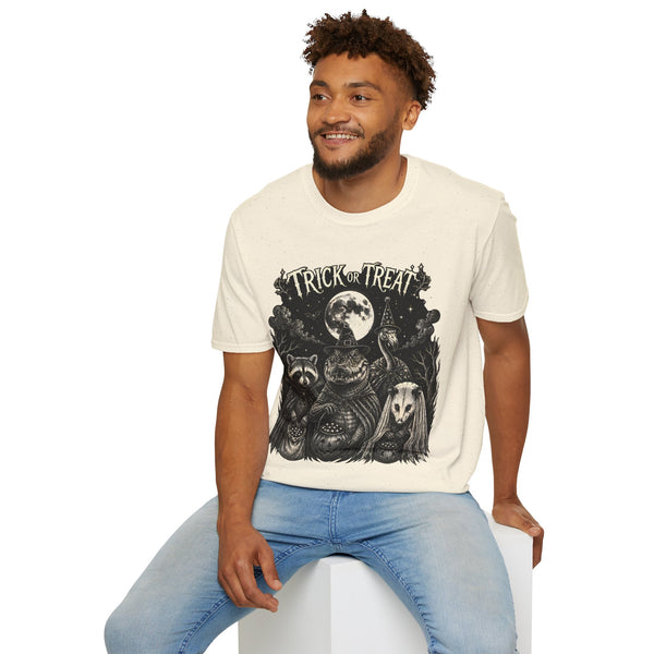 Trick or Treat Halloween T-Shirt — Vintage Moonlit Witch & Spooky Animals Tee