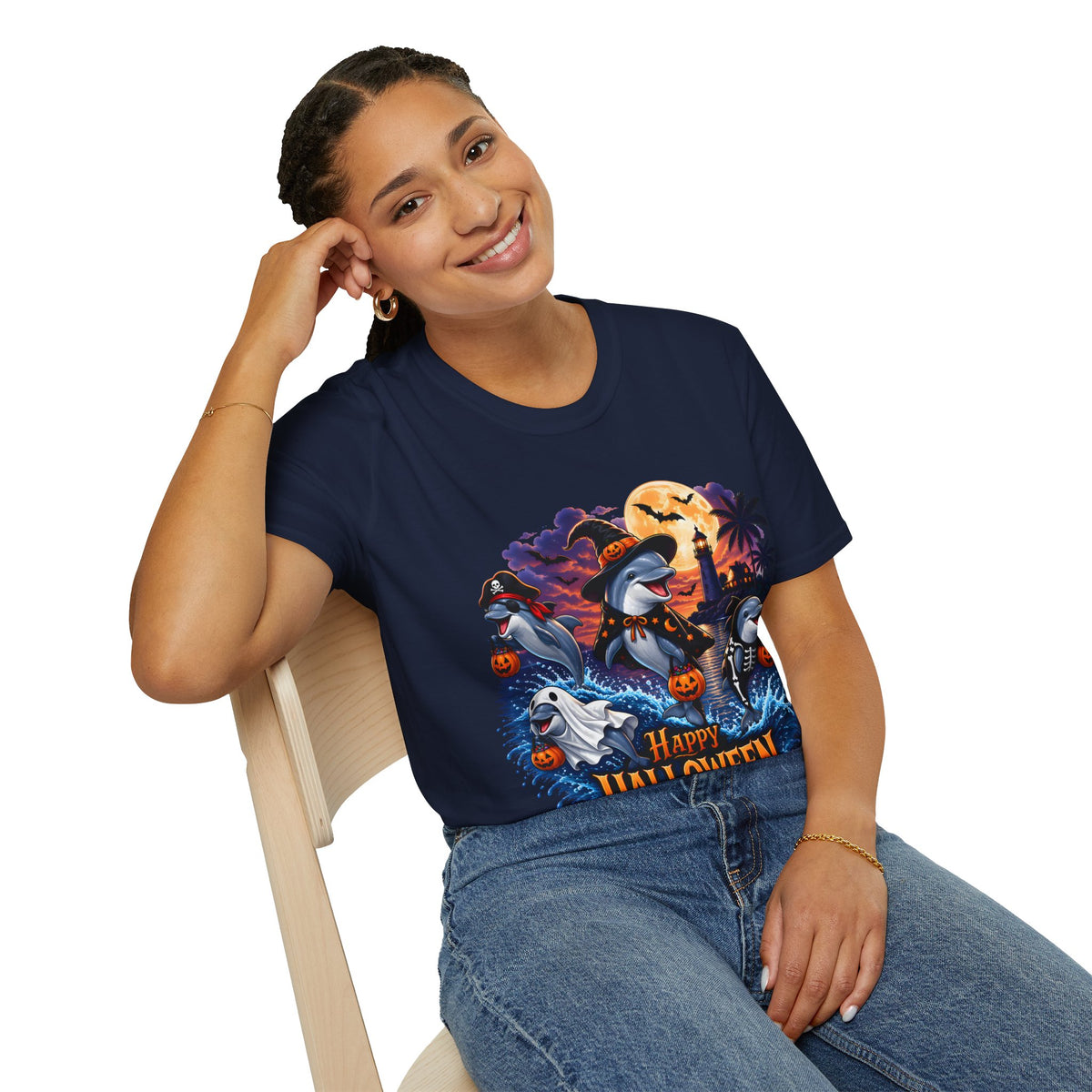 Halloween Dolphin T-Shirt — Cute Spooky Beach Scene with 'Happy Halloween'