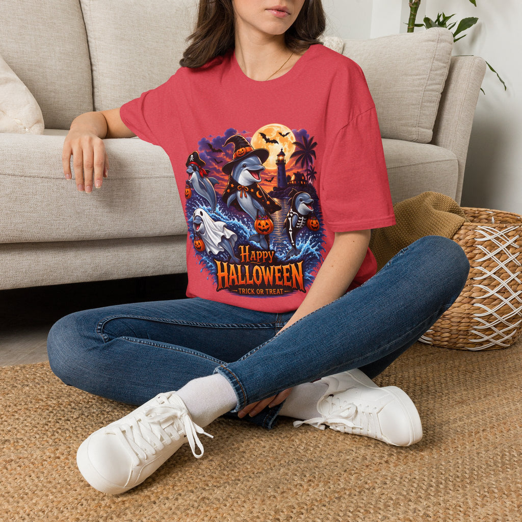 Halloween Dolphin T-Shirt — Cute Spooky Beach Scene with 'Happy Halloween'