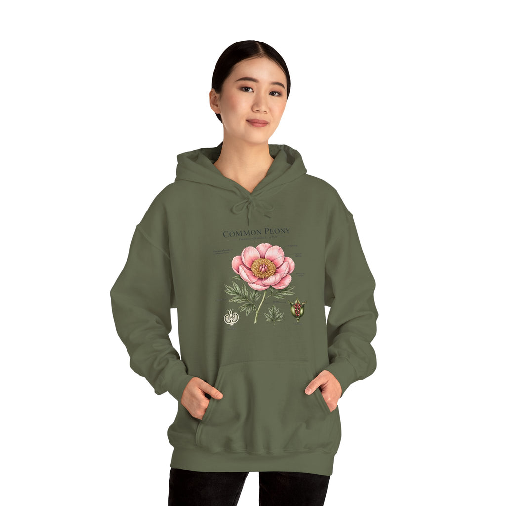 Peony Botanical Hoodie — "Common Peony" Vintage Floral Diagram Sweatshirt