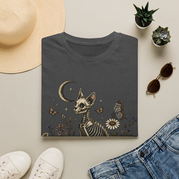 Skeleton Cat Moon T-Shirt — Gothic Floral Skull Tee