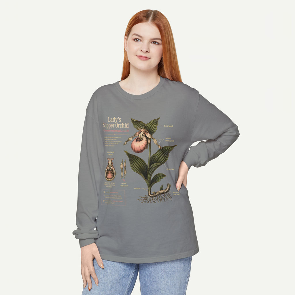 Lady's Slipper Botanical Long Sleeve Tee — Vintage Orchid Illustration