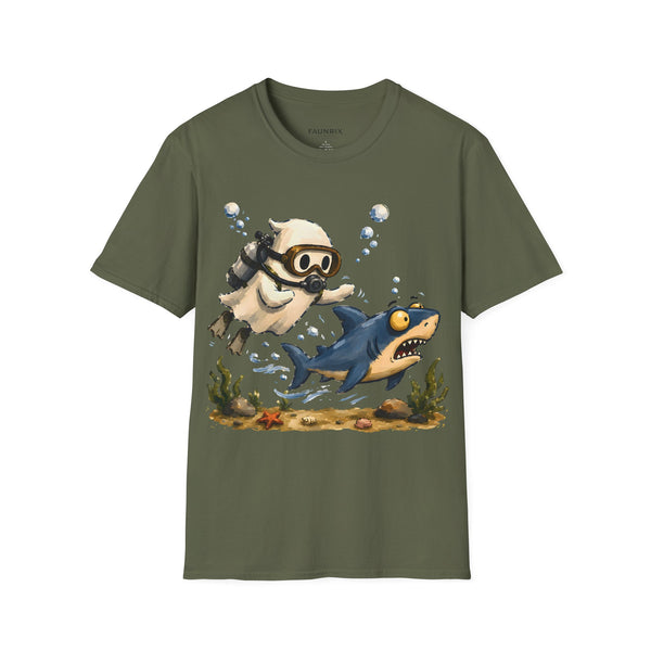 Dive Buddy T‑Shirt — Cute Scuba Pug Chasing Shark Illustration
